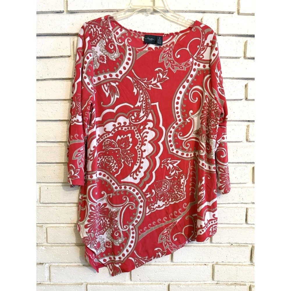 Chicos Travelers 2 Womens Shirt 3/4 Sleeve Asymmetrical Hem Pink Size Lg